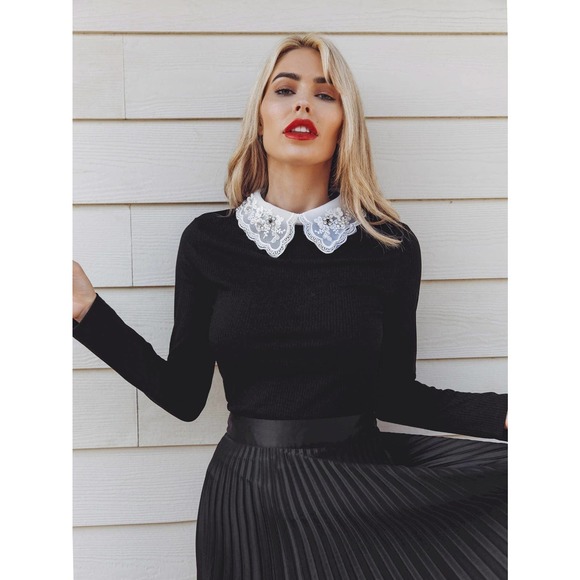 WILA Tops - Preppy Embroidery lace Collar Rib knit long sleeve Top black white